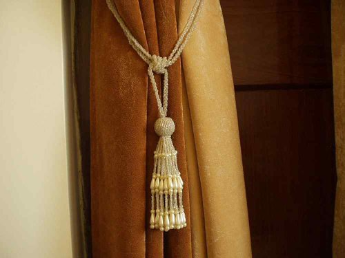 Pair - Off White Decorative handmade Tiebacks / Tassel / Curtain Holdback with Beads - Thumbnail 2