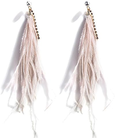 Long Tassel Feather Earrings with Rhinestone for Wedding Bridal Bridesmaid