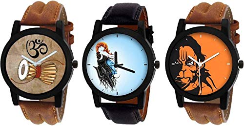 Multi Color Dial Formal Leather Watches for Men & Boys (Pack of 3 God-BR-13)