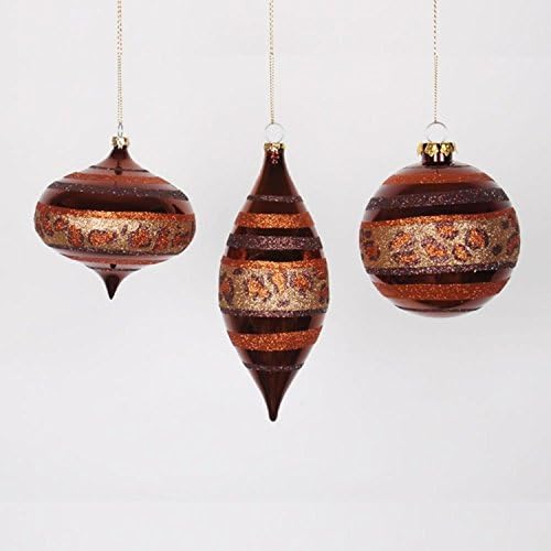 By Vickerman Set of 3 Diva Safari Cheetah Print &amp; Stripes Gold Copper and Coffee Christmas Ornaments 7"
