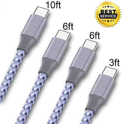 TOPBIN USB Type C Cable, 4 Pack (3/6/6/10FT) USB Type C to USB A Cable Nylon Braided Fast Charger Cord for Samsung Galaxy S9,Note 9,S8 Plus,LG V30 V20 G6 G5,Google Pixel,Nexus 6P 5X (Grey+White)