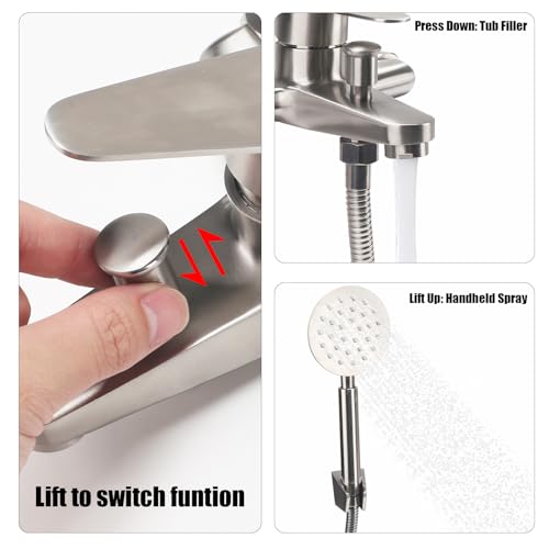 FALSKT Bath Tap with Hand Shower, Stainless Steel Bathtub Mixer, Wall Mounted Single Lever Shower Tap, Outdoor Shower Mixer Tap for Bathrooms, Tubs, Silver