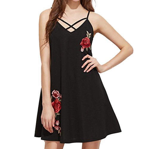 Gillberry Womens Black Crisscross V Neck Embroidered Rose Applique Cotton Dress