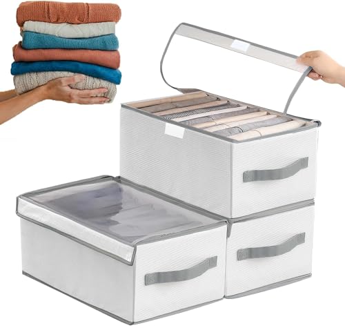 Organizador de Ropa para Closet 3 Piezas, Organizadores de Cajones Ropa Plegable, con 12 Compartimentos y Cubierta de malla transparente para jeans, ropa, camisas, almacenamiento de guardarropa