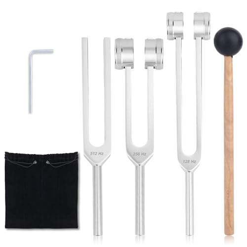 Goktvai 4pcs Tuning Fork for Healing Set,128Hz 256Hz 512Hz Resonance Tuning Forks with Wooden Mallet & Storage Pouch Sound Instruments for Yoga Meditation Chakra Balanci Accessories ﻿