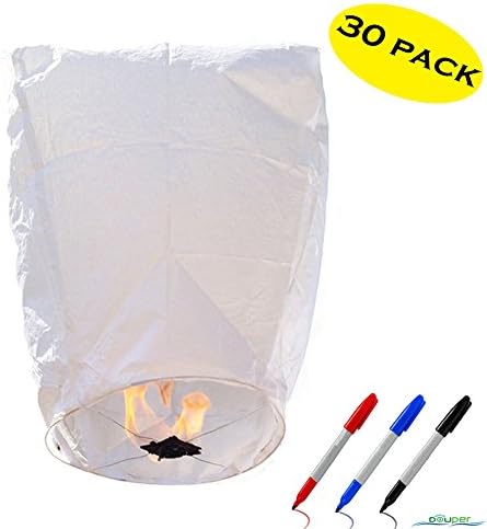 Douper Wire-Free Flying Chinese Sky Lanterns 100% Biodegradable Environmentally Friendly Wish Lanterns White Pack of 30