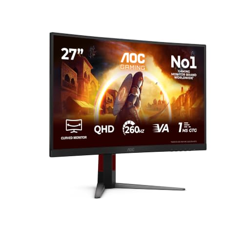 AOC CQ27G4Z2 27 Zoll Curved, WQHD Monitor, 250Hz, Fast VA Panel, 1ms GtG, Adaptive Sync, HDR400, FreeSync Premium, Hoehenverstellung,(2560x1440 HDMI 2X 2.0 DP 1x 1.4) Schwarz
