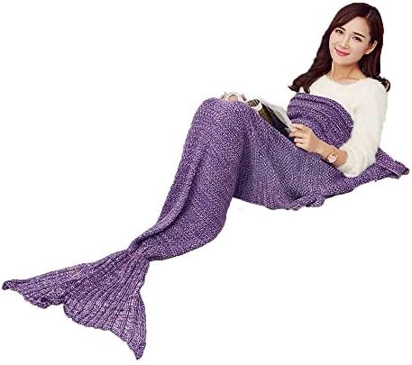Houtemy Mermaid Tail Blanket for Adult,Soft Cozy Warm Hand Crochet Knitted Sofa Living Room Little Mermaid Sleeping Bag for Women,Suitable for All Seasons Lounging Watching Napping -71" x 35",Purple