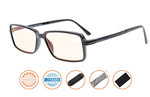 Reduces Eyestrain,Anti Blue Rays,UV Protection,TR90 Frame,Spring Hinges,Computer Gaming Reading Glasses(Black,Amber Tinted Lens) +2.0