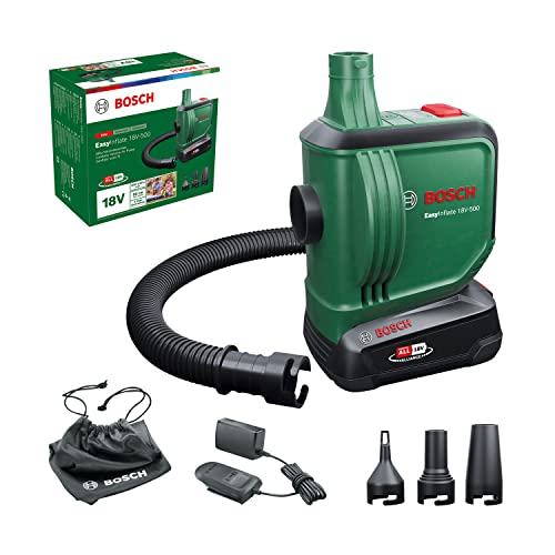 Bosch Pompe à air sans fil - EasyInflate 18V-500 (livré dans un carton avec 1 batterie 2,0 Ah; 18 V; Gonfler/Dégonfler Matelas pneumatiques, pataugeoires et autres) Vert
