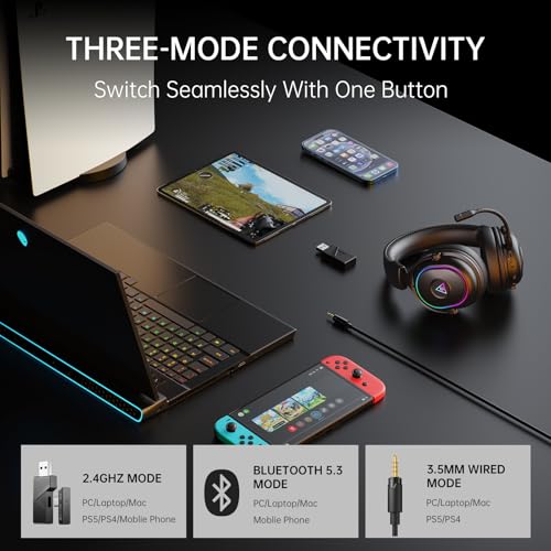 EKSA 2.4GHz Wireless Gaming Headset for PS5/PS4/PC/Switch/Mac, Bluetooth 5.3 Gaming Headphones Wireless with Microphone, 30ms Latency, 80 Hours Battery Life, RGB, USB PC Headset