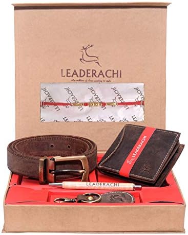 LEADERACHI Raksha Bandhan Combo -Vintage Hunter Leather Bifold Wallet & Leather Belt with Hunter Leather Key Ring & Wooden Pen with Rakhi Combo Gift Box for Men..(Rakhi-WKPB-4)