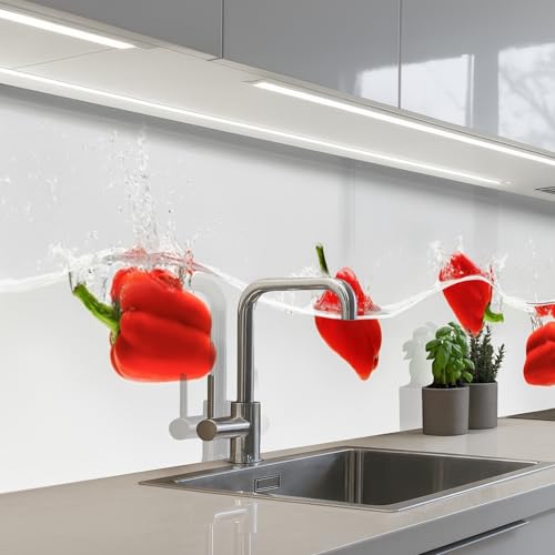 KitchenYeah© Spritzschutz Küche 60x300 cm Küchen Rückwand Küchendeko Wand Wandschutz Selbstklebend Backsplash Kitchen Peel and Stick Spritzer - Gemüse - Rot
