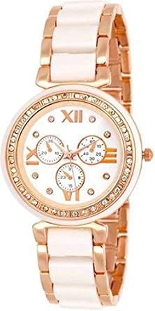Capture Fashion Mina-White Rosegold Strap crono Dial with Studded Diamond Watch for Girls & Women