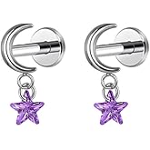 Niaspi 18G Moon CZ Dangle Cartilage Stud Earrings for Women G23 Titanium Internally Threaded Lip Rings Studs Conch Helix Daith Flat Back Earrings Studs Medusa Piercing Jewelry 8mm