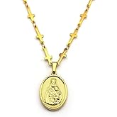 LINLINCHIC 18K Gold Plated Virgin Mary Coin Necklace, 18K Gold Plated Christian Prayer Cross Necklace for Women.