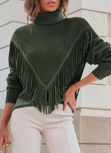 PRETTYGARDEN WOMENS 2024 FALL TURTLENECK SWEATER TOPS LONG SLEEVE FRINGE CHUNKY KNIT PULLOVER SHIRTS (ARMY GREEN,LARGE)