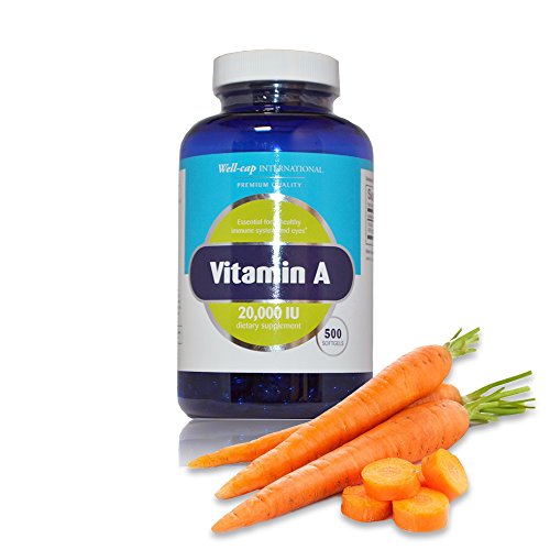 Well-Cap Sugar Free Vitamin A | 20,000 IU | 500 softgels | Easy to Swallow as Beta Carotene and Fish Liver Oil | Essential for a healthy immune system and eyes