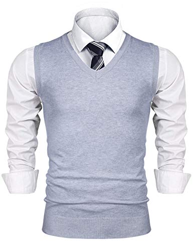 iClosam Mens Sweater Vest Casual V-Neck Slim Fit Knitted Pullover Knitwear Grey