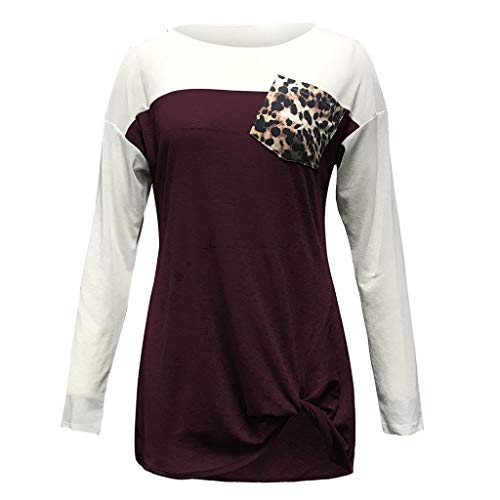 Women's Leopard/Sequin Pocket Autumn Tops Long Sleeves O Neck T Shirt Casual Basic Tees Wine