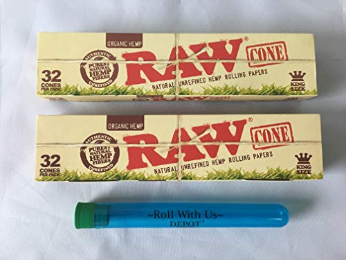 RAW Cones 32 Pack (King Size) Organic Pre Rolled Cones (2 Packs of 32 Cones), Includes Roll with Us Doobtube