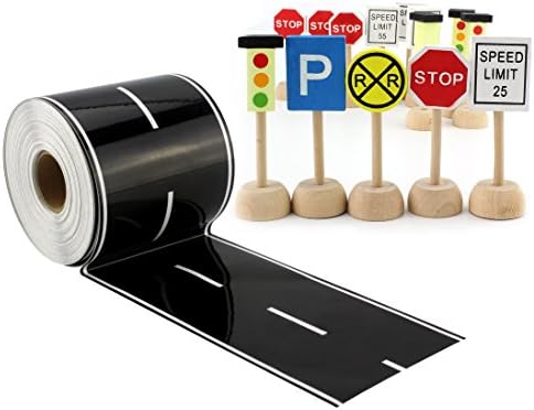 Wooden Street Signs &amp; Toy Car Road Tape Gift Set (14 Traffic Signs + 50-Foot Road Tape); 15-Piece Set Compatible w/ Matchbox &amp; Hot Wheels Size Diecast Vehicles