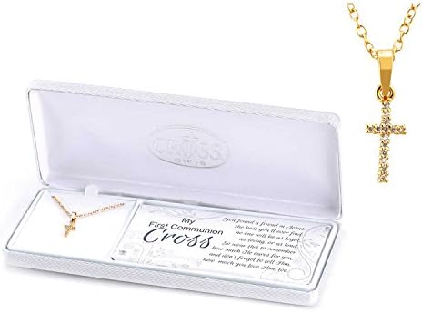 My First Communion Cross CZ Stones Gold Plated 16 inch Pendant Necklace
