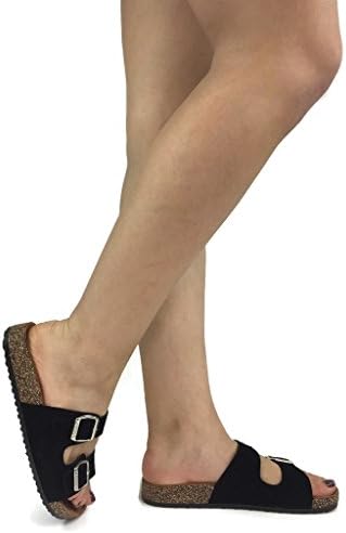 Anna Women's Double Strap Cork Slide Sandal Silver Buckle, Black300, 10