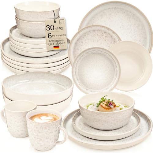 SÄNGER Key West Steingut Geschirrset 6 Personen, Teller Set 30-tlg Creme