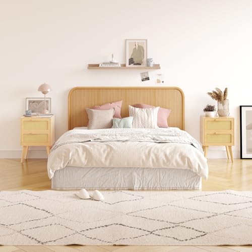 YAUKOMEL Scandinavian Bedside Table, Rattan Nightstand, 2 Drawers in Rattan, Side Table, Wooden Night Table, Sofa End with Wooden Handle for Living Room, Bedroom, Office, Natural DECTG59Y