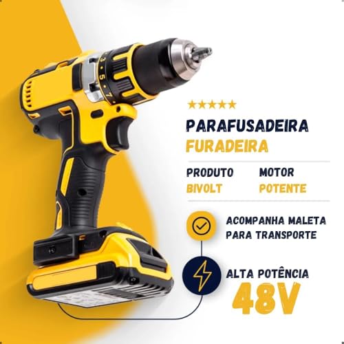 Furadeira e Parafusadeira de Impacto Sem Fio 48V Com LED, 2 Baterias Recarregáveis, Kit 32 Acessórios + Maleta Completa Premium – Alta Potência para Uso Profissional e Doméstico
