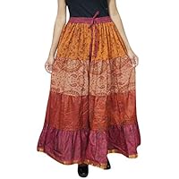 Womens Maxi Skirt Silk Sari Orange Belly Dance Tiered Long Flare Skirts