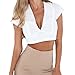 Antopmen Women Sexy Deep V Neck Short Sleeve Back Cross Tied Up Tee Backless Lace Crop Top (Medium, White)