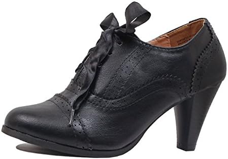 Guilty Shoes Womens Classic Retro Two Tone Embroidery - Wing Tip Lace Up Kitten Heel Oxford Pumps
