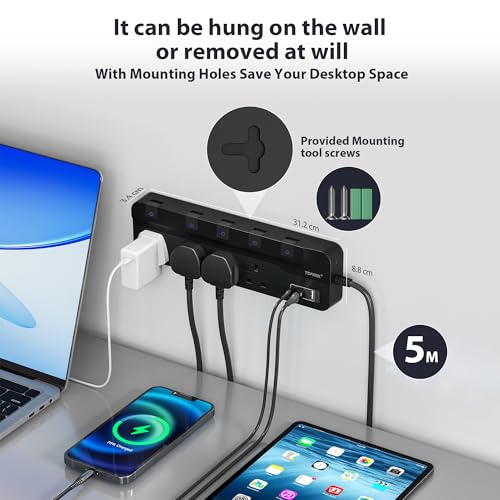 TOPREK 4 Plug Extension Lead with Ultra Wide Socket, Individual Switch 2 USB-A, 1 USB-C Extension Cable, 5m Extension Lead with USB Slots for Wall Mounting