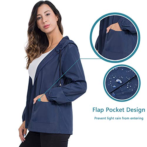 Women Rain Jacket Hooded, Zipper Waterproof Active Outdoor Windbreaker Raincoats Lightweight XXL Navy Blue