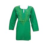 Mogul Woman's Kurti Tunic Hand Embroidered Cotton Green Top Blouse L
