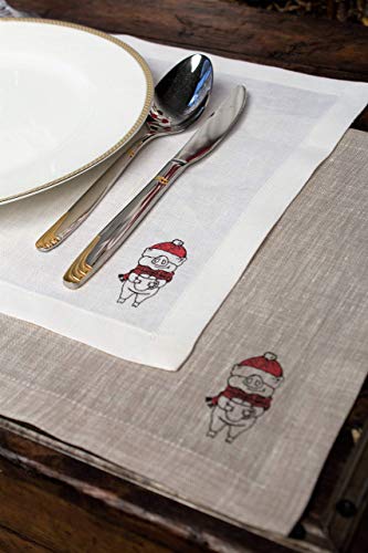 Natural Holiday Linen Placemat Set with Chinese Zodiac Pig Print – Gift idea for Home Cooks – Pure Linen Table Serving Accessory
