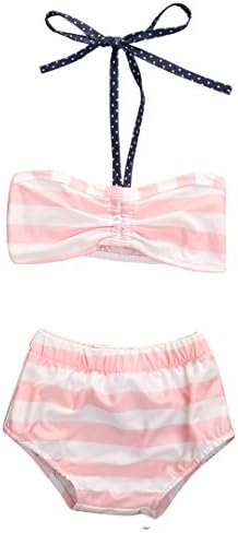 Baby Girls 2Pcs Swimwear Bikini Striped Halter Bra Top+Bow Bottom Swimsuit (3-4T, Pink&amp;White)