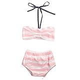 Baby Girls 2Pcs Swimwear Bikini Striped Halter Bra Top+Bow Bottom Swimsuit (1-2T, Pink&White)