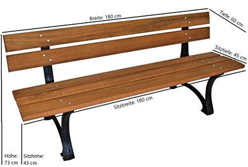 DEGAMO Gartenbank Parkbank Luzern 180cm Länge 4-sitzer, Gestell Gusseisen schwarz, Belattung Eukalyptus Holz braun geölt, Outdoor – Bild 3