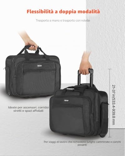 Borsa per Laptop e Computer con Rotelle, 43,9 cm, Valigetta con Ruote Girevoli e Maniglia Telescopica Tessuto Oxford, Custodia per Laptop per Lavoro, Viaggi, Sagga per Affari, Nero