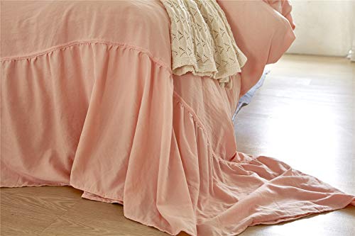 Moowoo Vintage Farmhouse Bedding, 3 Pieces Ruffle Duvet Cover Set 100% Washed Cotton Romantic Mermaid Tail French Country Style Duvet Cover with Ties (Pink, Queen) - Thumbnail 3
