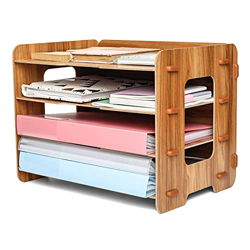 EXERZ 4 Tier Wooden Letter Tray Desk Organiser A4 – Desktop Paper Tray & Document File Organiser for Office, Home & School – Easy Assembly MDF Desk Storage Rack - Wooden