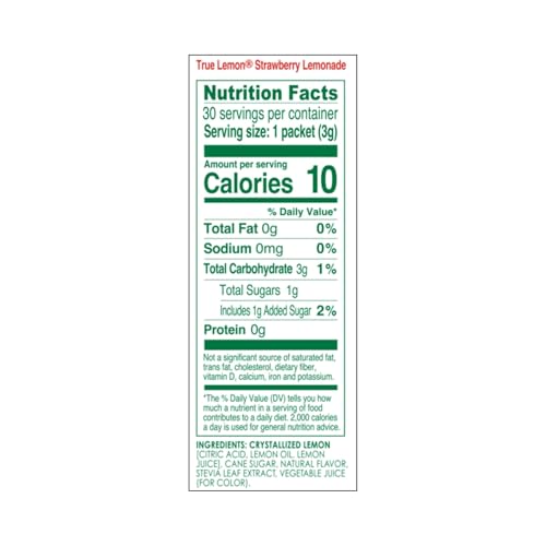 TRUE LEMON STRAWBERRY LEMONADE WATER ENHANCER DRINK MIX (30 COUNT), LOW CALORIE DRINK MIX PACKETS FOR WATER, POWDERED DRINK MIXES & FLAVORS, INDIVIDUAL DRINK PACKETS WITH STEVIA