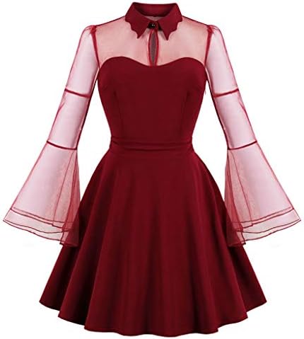 Dainzuy Vintage Dresses for Women Rockabilly Mesh Steampunk Patchwork Bell Sleeve Solid Gothic Punk Party Swing Dress