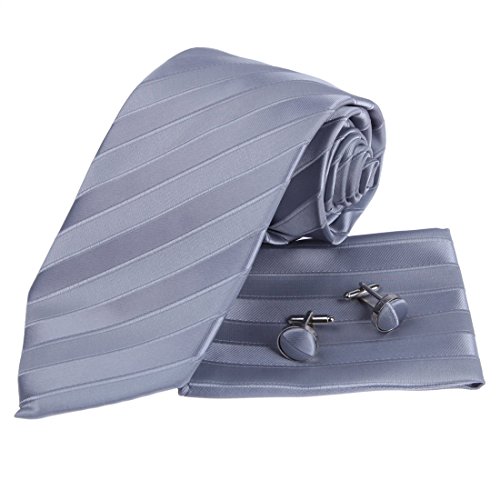 Designer Inspired Silver Stripes Jacquard Woven Silk Tie Hanky Mens Necktie Cuff Links Cufflinks Set with Gift Box Set PH1019 148cm*9cm Blue