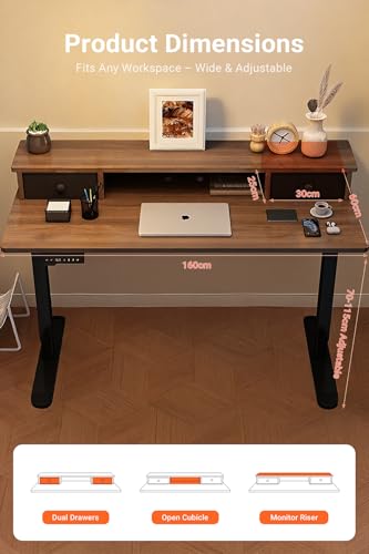 IXTRA Electric Standing Desk with Drawers 160x60cm Gaming Table Compatible Monitor Stand, Stand up Desks, Home Office Height-Adjustable Desk with Storage Shelf Walnut