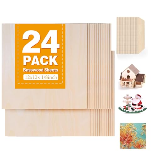 24 Packs Basswood Sheets, Plywood Board Unfinished for Crafts, DIY Architectural Ornaments Models Making and Engraving, Wood Burning, Drawing, Laser Cutting, 30 * 30 * 0.3Cm