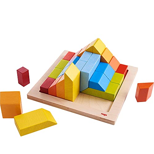 HABA 3D Arranging Game – Creative Stones Wooden Building Blocks & Stacking Toy for Toddlers – Wooden Montessori Toy with Geometric Shapes & Pattern Cards, Made in Germany